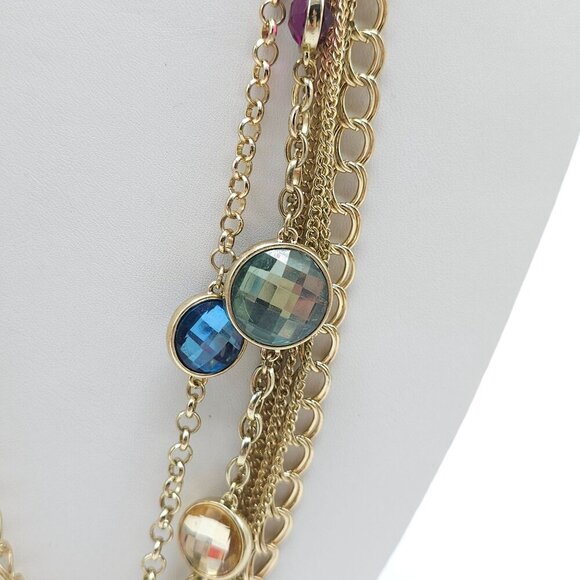 Multi-Strand Gold-Tone Chain Necklace With Colorful Faceted Gemstones - Picture 5 of 7